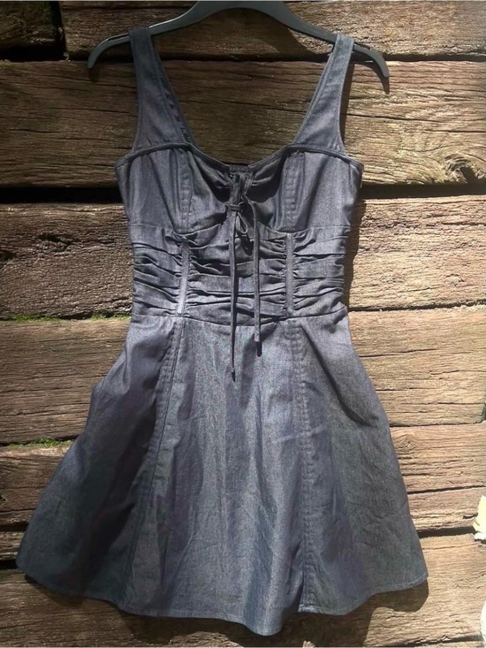 GUESS Dark Wash Denim Corset Mini Dress with Lace Up Ruched Details